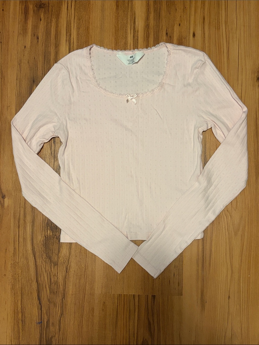 H&M Pale Pink Long-Sleeve Ribbed Top with Lace Trim and Bow